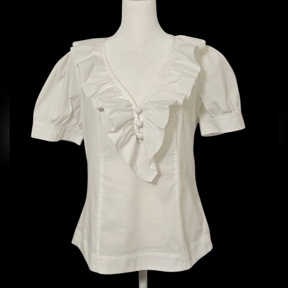 Banana Republic Elegant White Ruffle Blouse Puff Sleeves Size 4P - Picture 2 of 16
